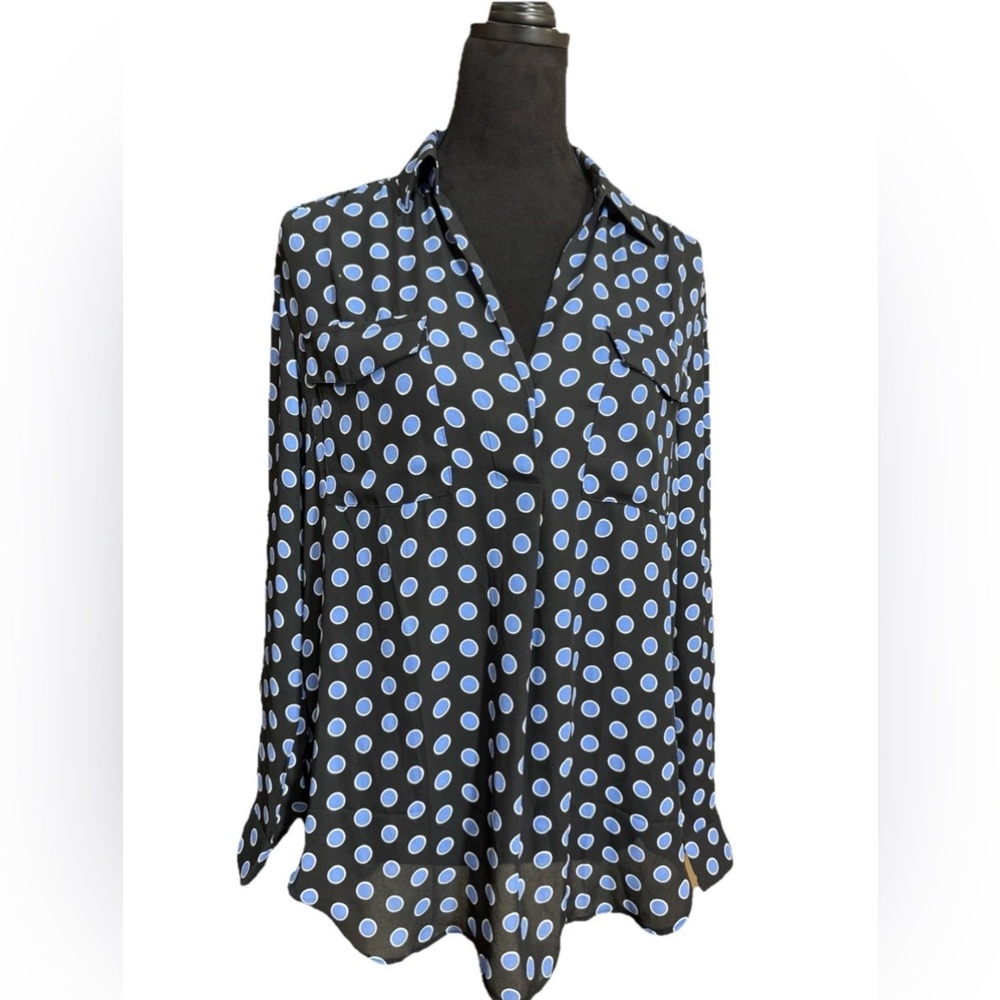 Ann Taylor Sheer Polka Dot Tunic Blouse Small Blue Black French Girl Y2K